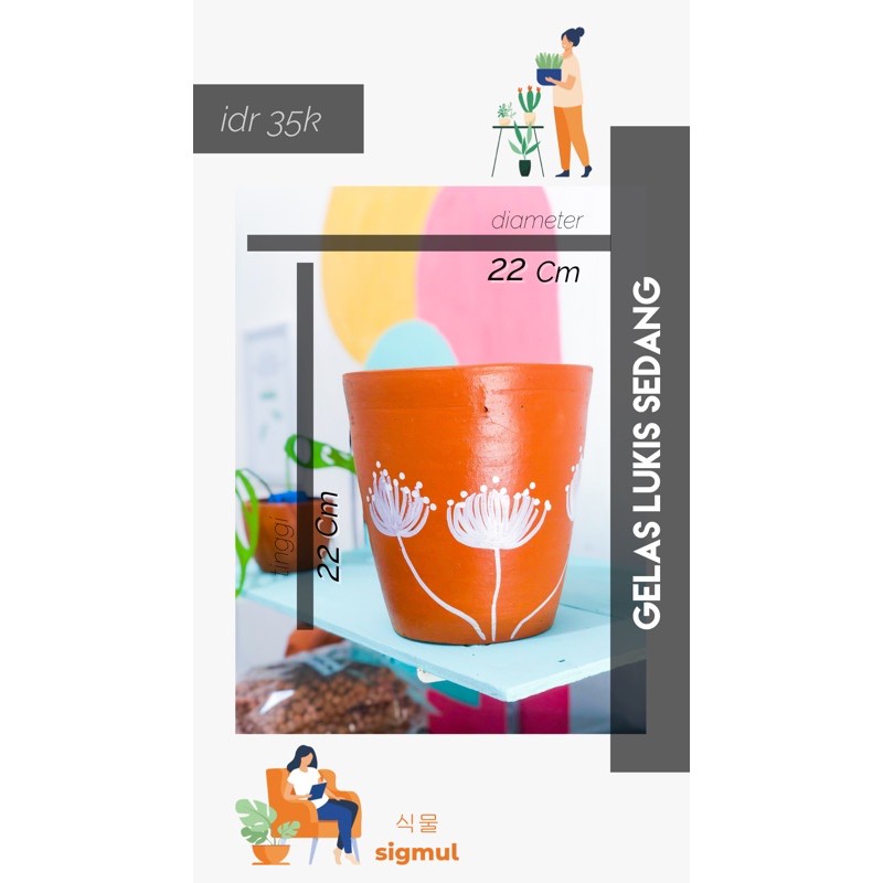 Pot Terakota / Pot Gerabah / Pot Teracotta / Tanah Liat Gelas Lukis Sedang