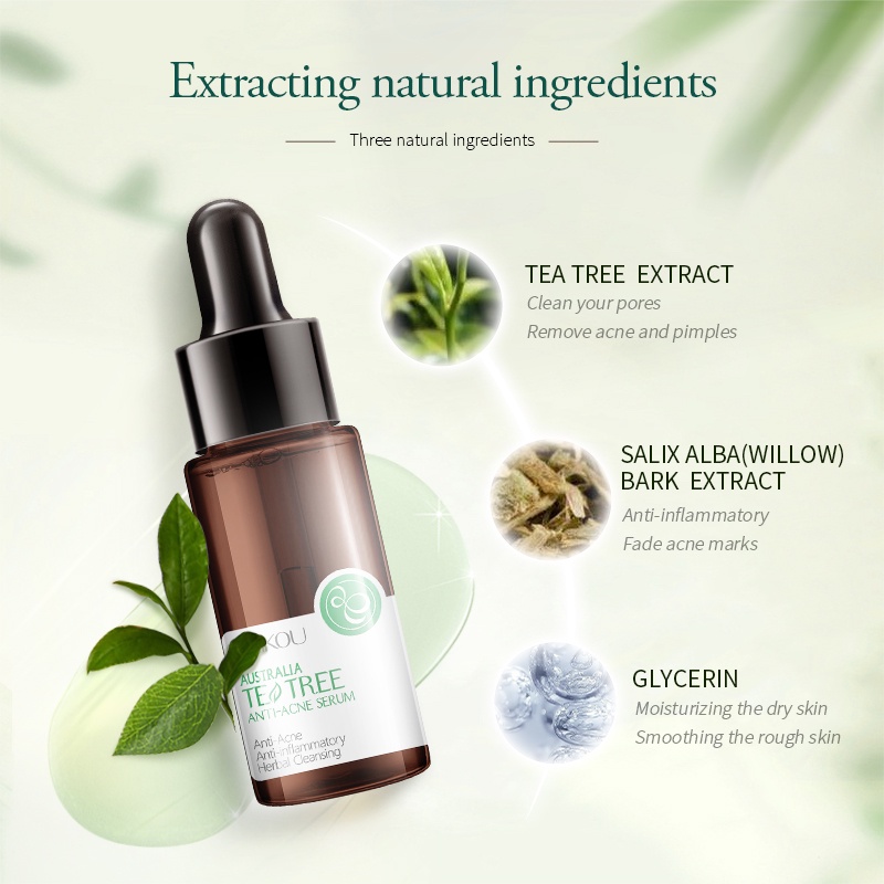 LAIKOU Tea Tree Serum Wajah Memudarkan Tanda Jerawat Mengecilkan Memperbaiki Pori-pori 17ml