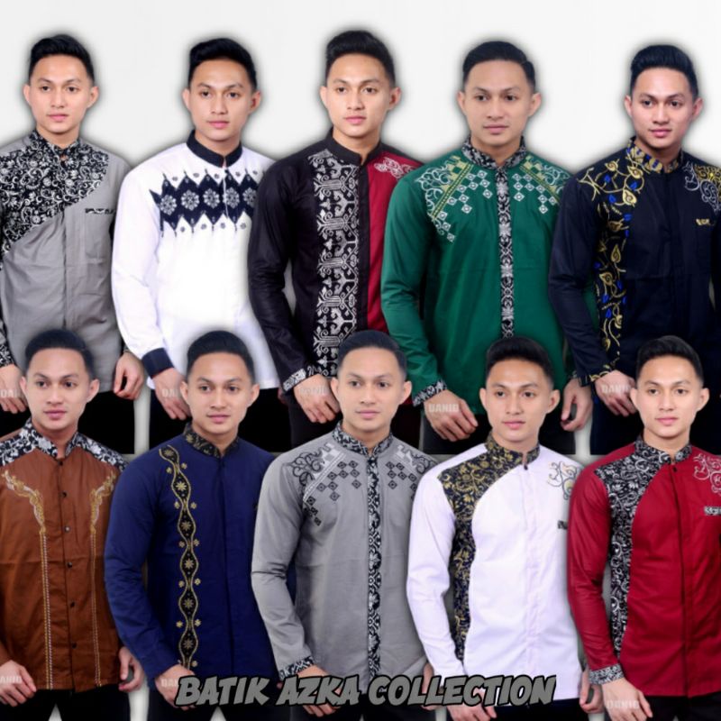 Baju Koko Pria Kombinasi Batik Modern Lengan Panjang Warna Hijau Big Size M L XL Dewasa Terbaru