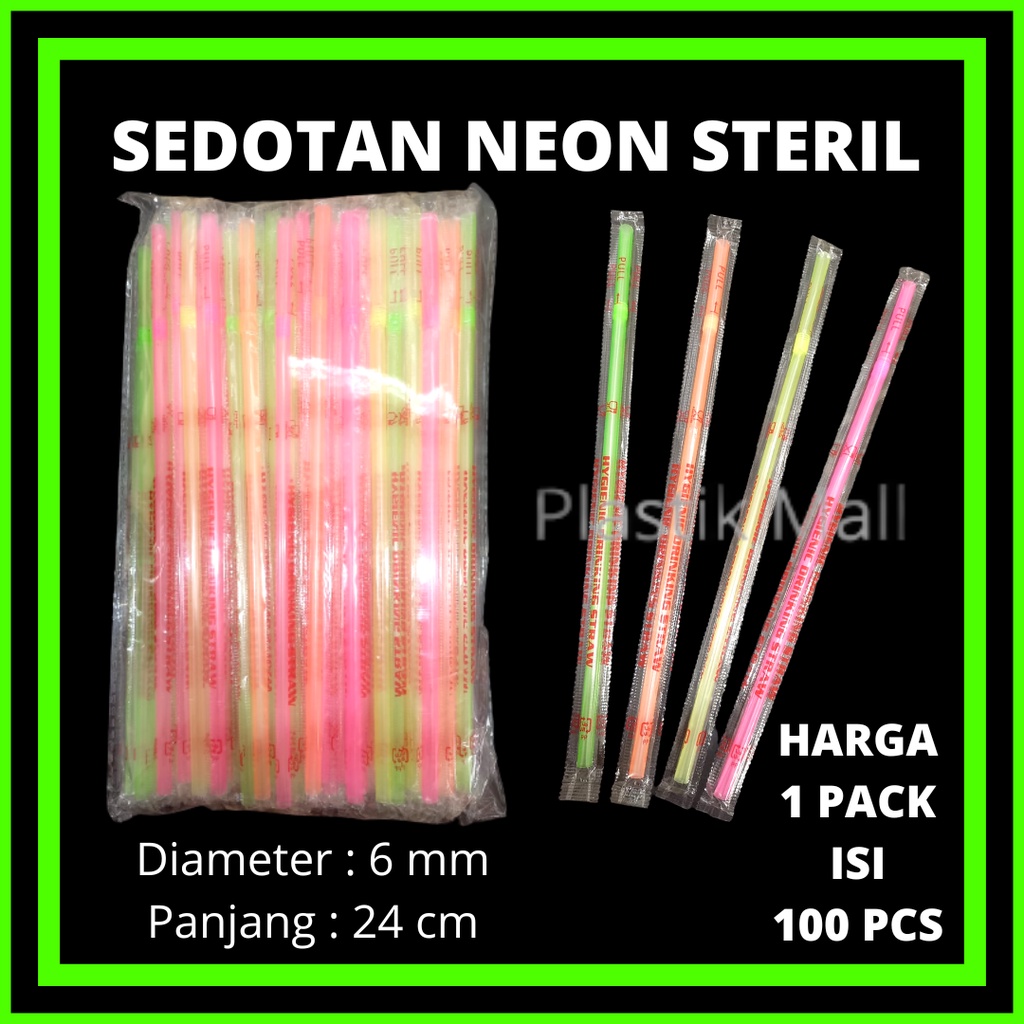 100pcs Sedotan Steril Bengkok Warna Neon Bungkus Plastik Straw Neon / Sedotan Bengkok Neon Steril @1