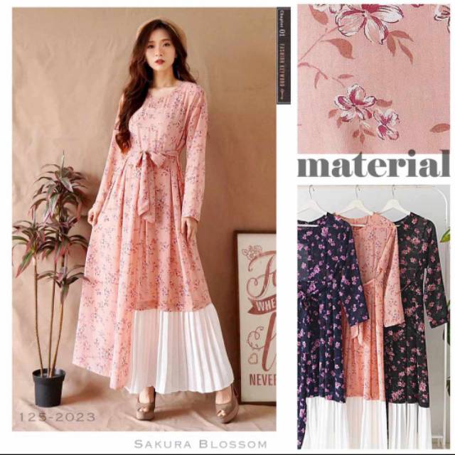 Yuna motif sakura/ gamis motif bunga/ plisket
