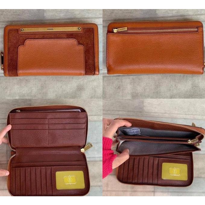 Dompet wanita original fossil liza zip clutch multi brown termurah