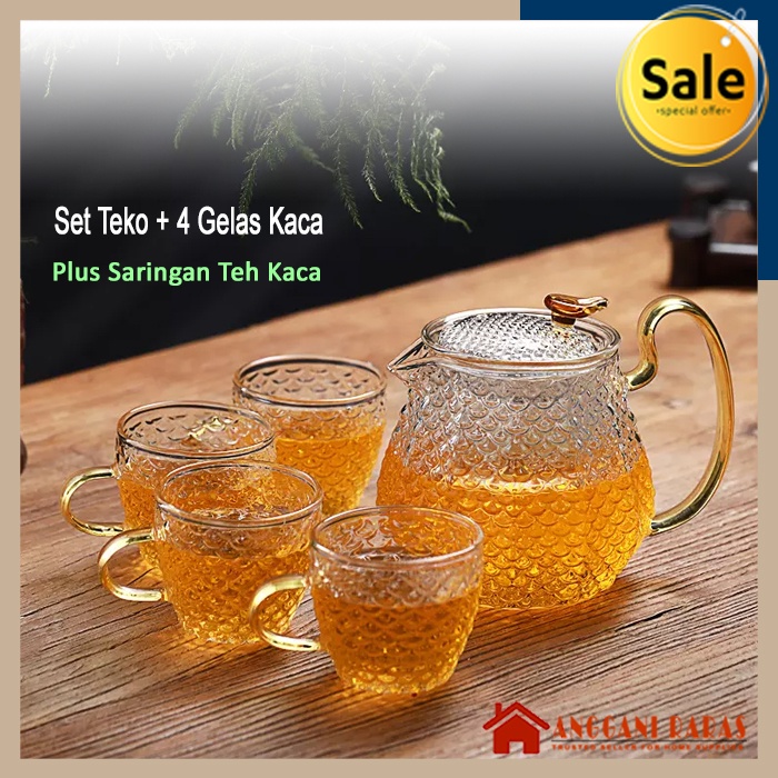 Teko Set Gelas Teko Teh Dengan Saringan Kaca Tahan Panas Borosilicate Glass 600ml