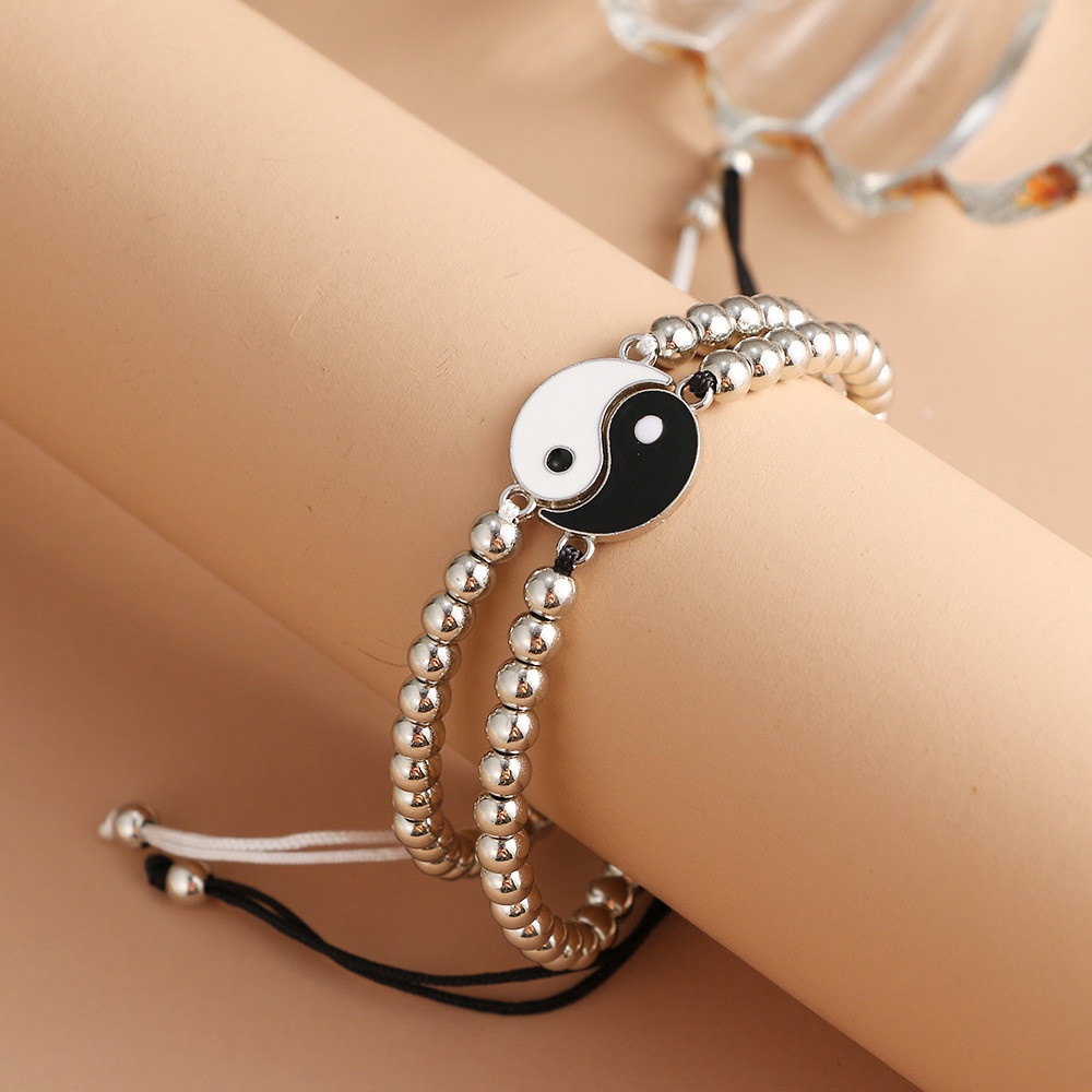 2PCS Tai Chi Bagua Emas Perak Putaran Bead Pasangan Gelang Dapat Disesuaikan untuk Pria dan Wanita