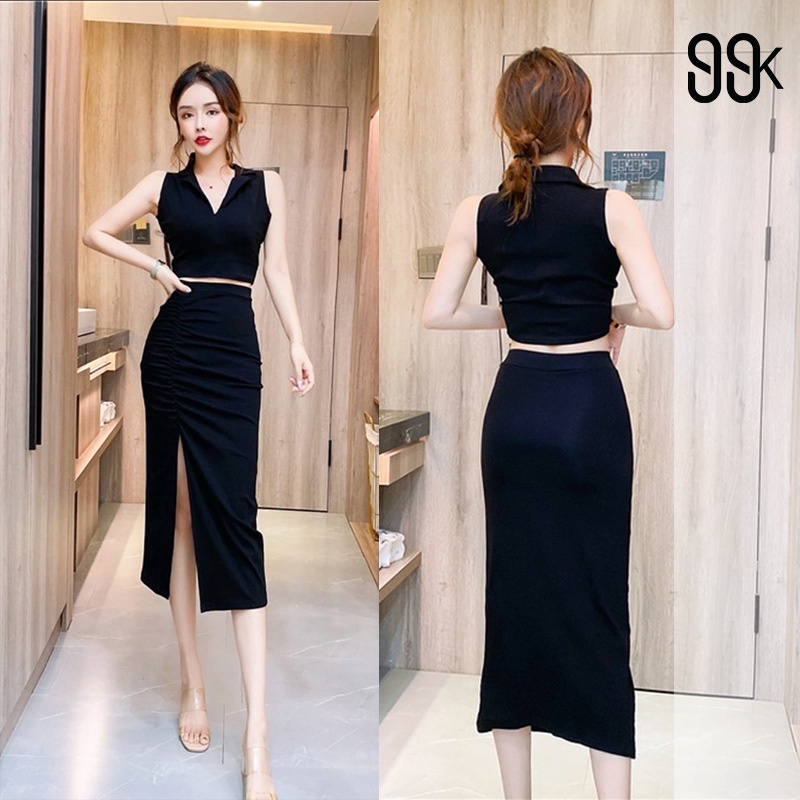 Korean One Set Crop Top Vneck Sleeveless &amp; Midi Skirt 1368 (S/M/L)