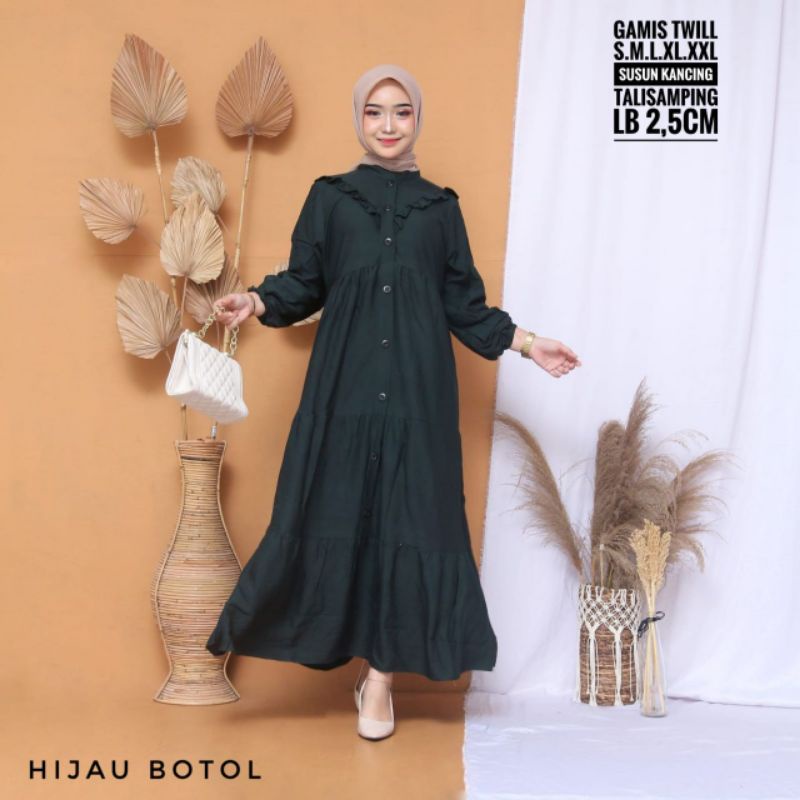 Gamis twill polos susun kancing jumbo