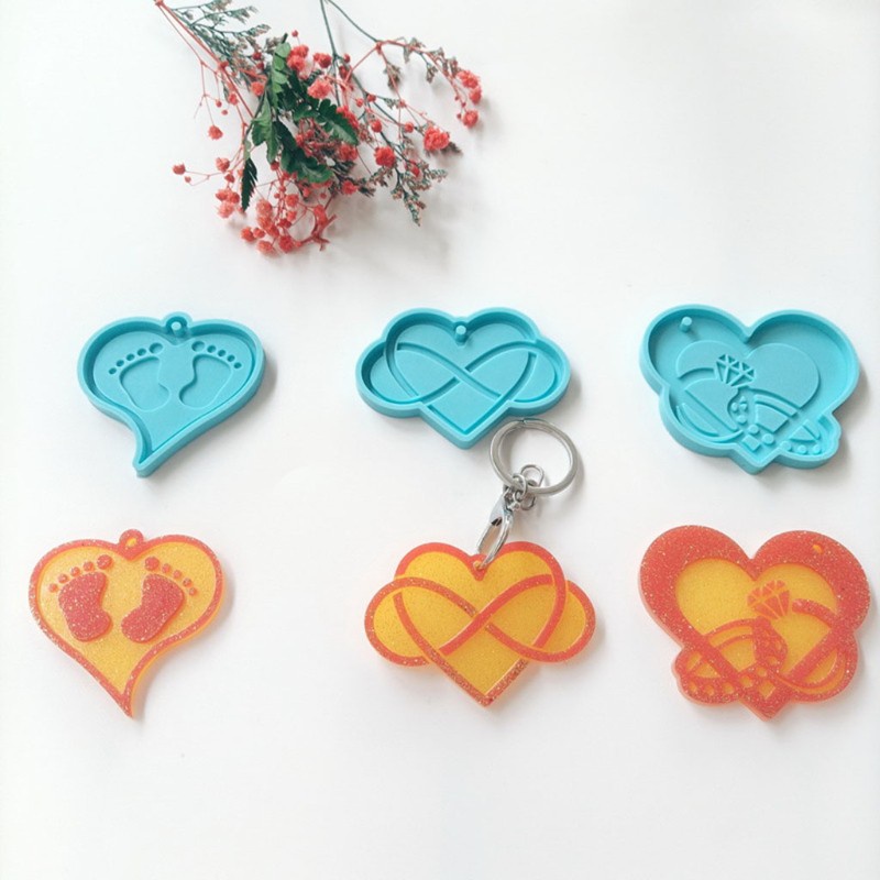 Glitter 3 Pcs Love Heart Keychains Epoxy Resin Mold Necklace Pendant Silicone Mould DIY Crafts Jewelry Hanging Decortaions Tool