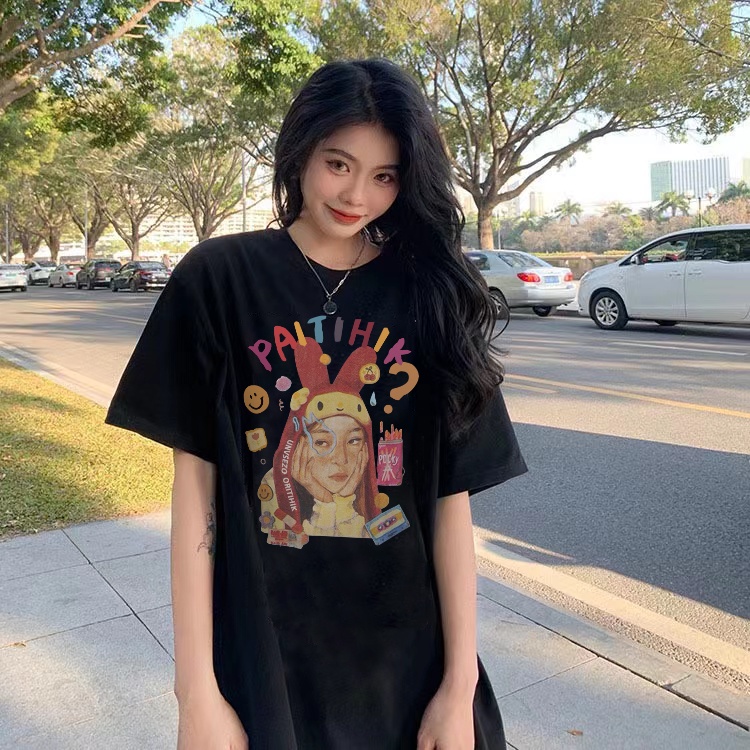 Korean Style T-shirt Baju Wanita Kekinian Korean/baju oversize wanita murah/T-shirt hitam/Big size print kaos wanita tshirt atasan top korea