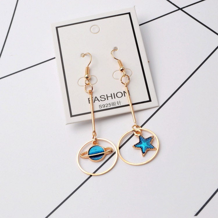 Planet anting-anting perempuan Korea hipster biru Saturnus asimetris XINGX cincin telinga