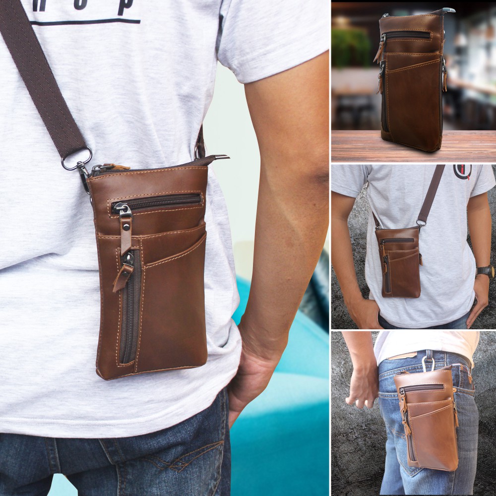 TAS SELEMPANG KULIT ASLI MULTIFUNGSI FOR SMARTPHONE WAISTBAG 100% KULIT SAPI ASLI BERKUALITAS P051