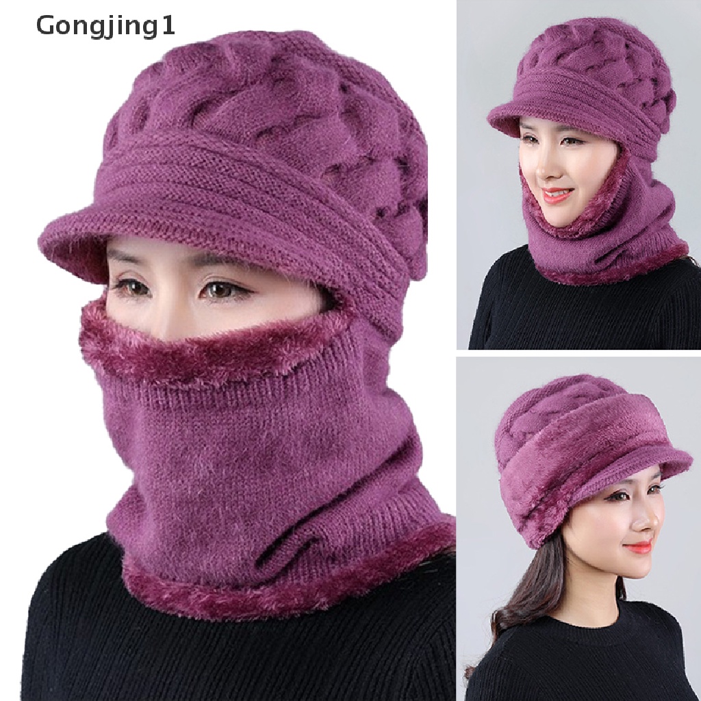 Gongjing1 Topi Kupluk + Syal Rajut Tebal Hangat Anti Angin Untuk Wanita / Musim Dingin / Bersepeda