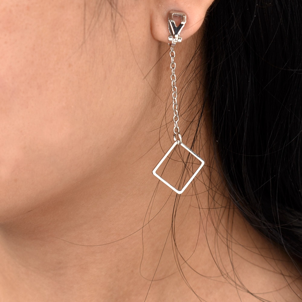 Anting Rantai Panjang Model Klip On Bentuk Segitiga Persegi Bulat Untuk Wanita