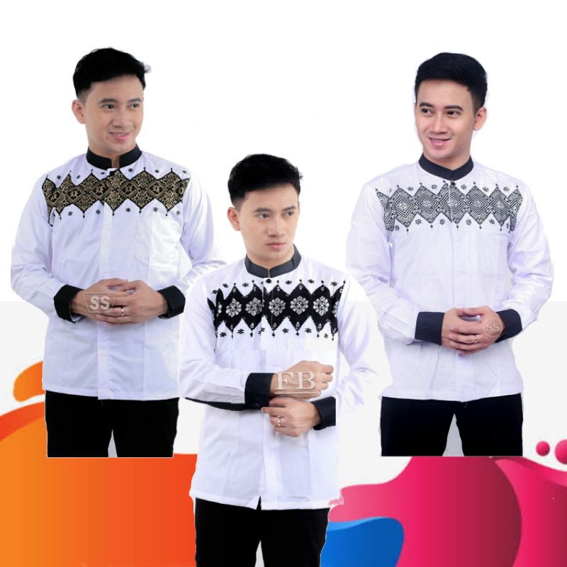 BAJU KOKO PUTIH ATAU BAJU KOKO PRIA LENGAN PANJANG PUTIH KOMBINASI BORDIR