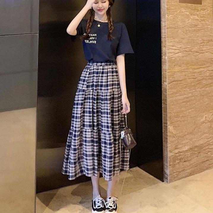 ۞ YIYI GIRL - Rok Panjang Kotak Kotak Highwaist Rok Plisket Rok Hitam Panjang ♨