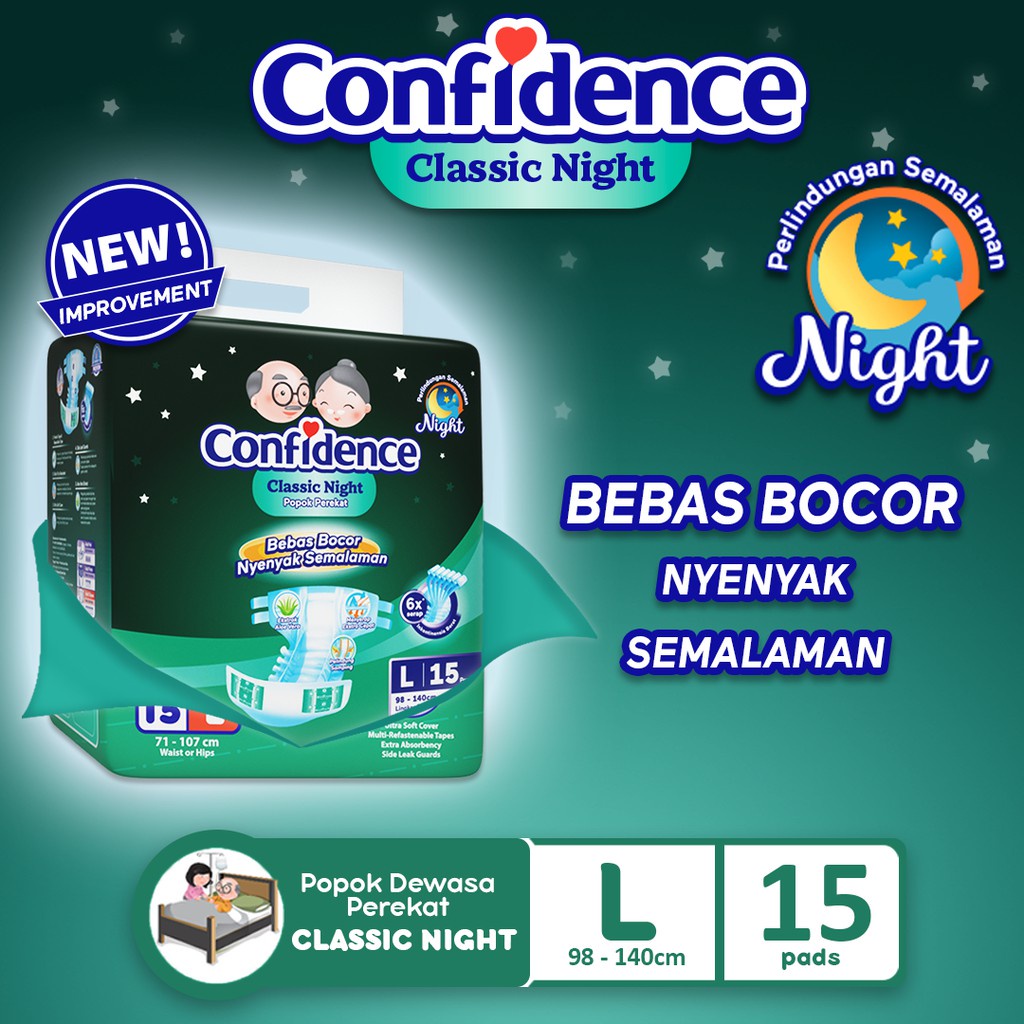 CONFIDENCE ADULT CLASSIC NIGHT L 15 / POPOK DEWASA PAMPERS ORANG TUA SIZE L ISI 15PCS