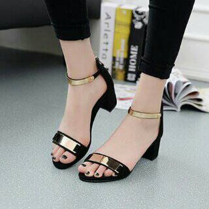 Sandal High Heels Wanita Hak Tahu Tali Gold SDH153 - Hitam, 37