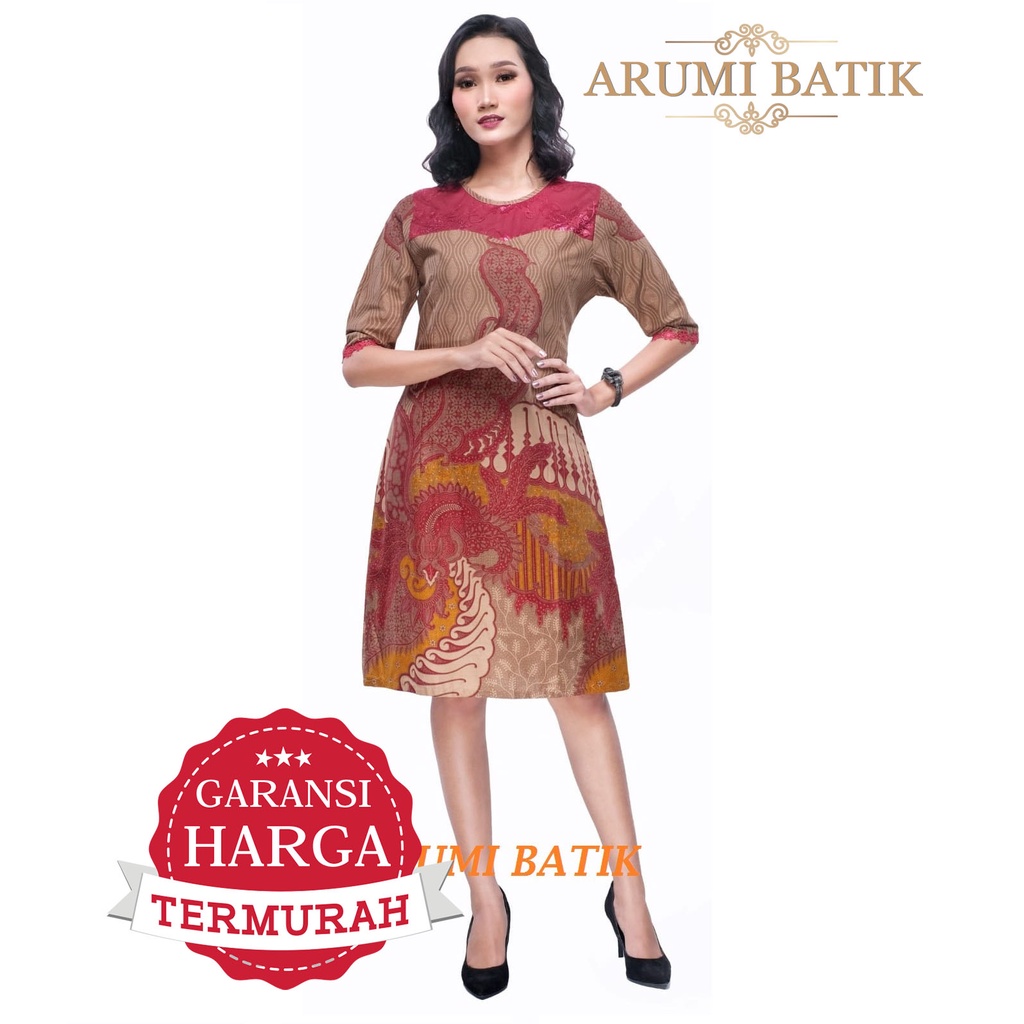 Dress Batik Wanita Baju Seragam Kerja Kantor Brokat 2958 Merah Maroon