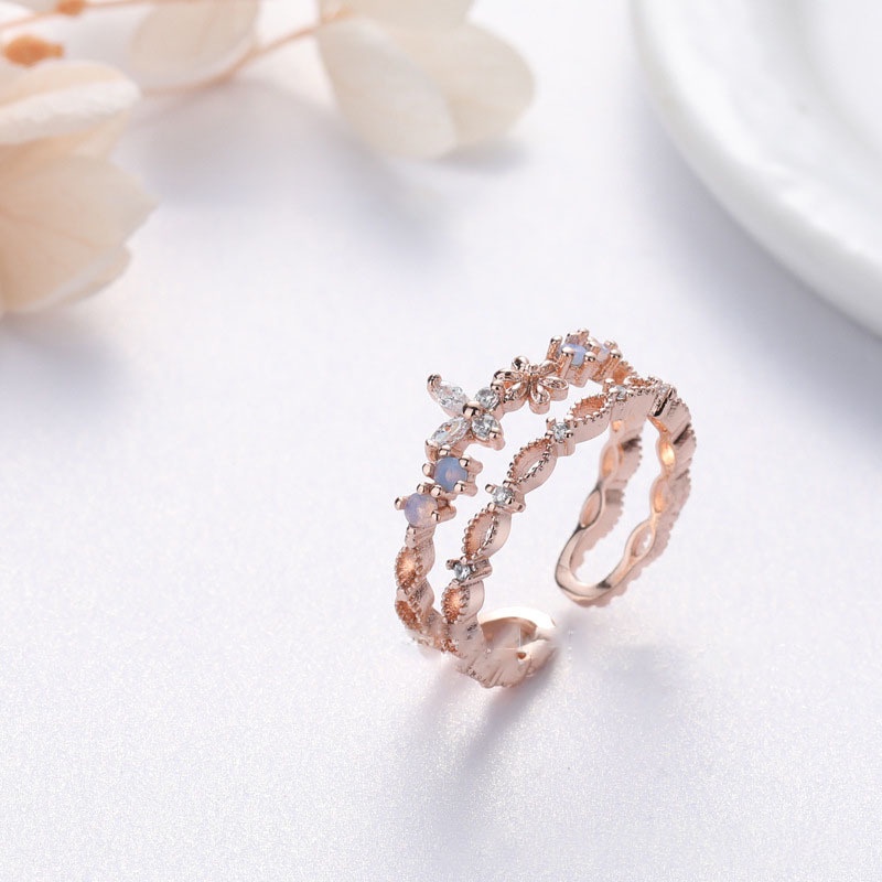 Cincin Model Terbuka Lapis Ganda Bahan Zirkon Warna Rose Gold Dapat Disesuaikan Gaya Vintage Korea Untuk Wanita