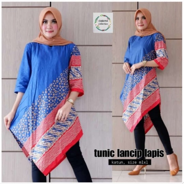 Tunik warna cantik runcing asimetris model motif terbaru merah biru hitam murah grosir kekinian