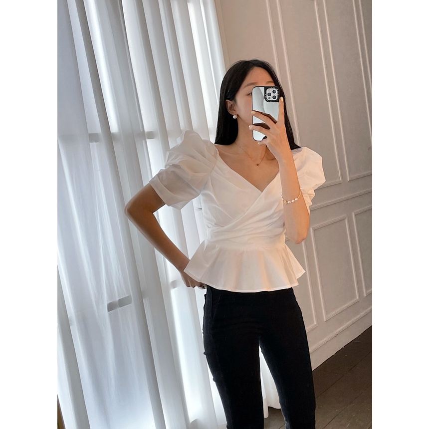 #Sisjuly # Wanita Baru Gaun Musim Panas Perancis Retro Romantis Cross V-Neck Lengan Puff Ruffle Slim