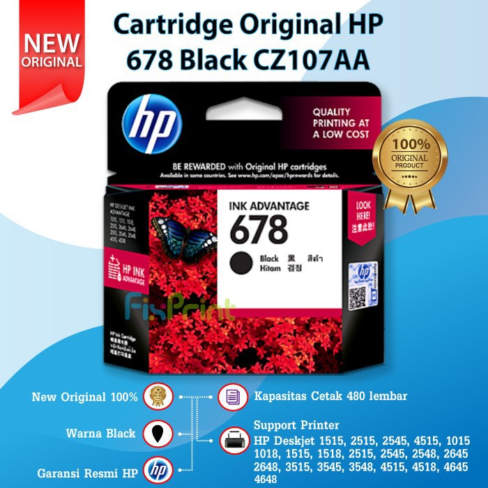 Cartridge HP 678 Black Original Catridge CZ107AA Hitam Katrid Tinta Printer 1515 2515 2645 3545 4645