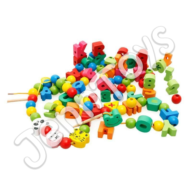 JennToys - Mainan Kayu Meronce huruf angka hewan - ALPHANUMERIC STRING OF BEADS