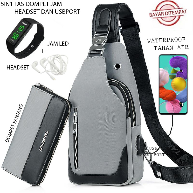 TANMESSO 5IN1 BAYAR DITEMPAT-BONUS JAM LED,DOMPET &amp; USBPORT&amp;HEADSET- TAS SELEMPANG PRIA