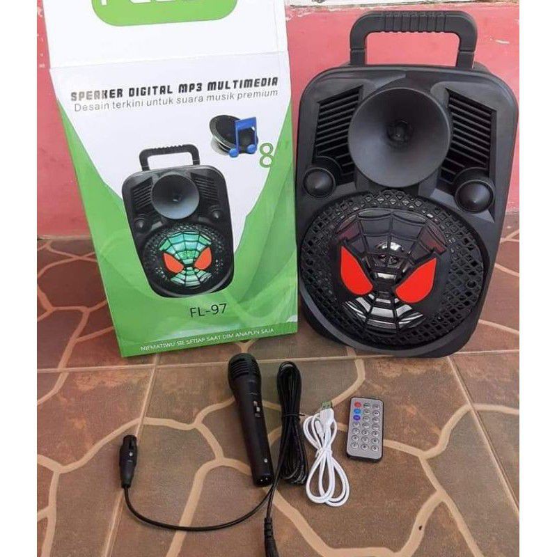 Speaker Bluetooth FLECO FL-97 Bonus Mic + Remote Speaker Karaoke FM Radio USB Memory Card AUX 8&quot;