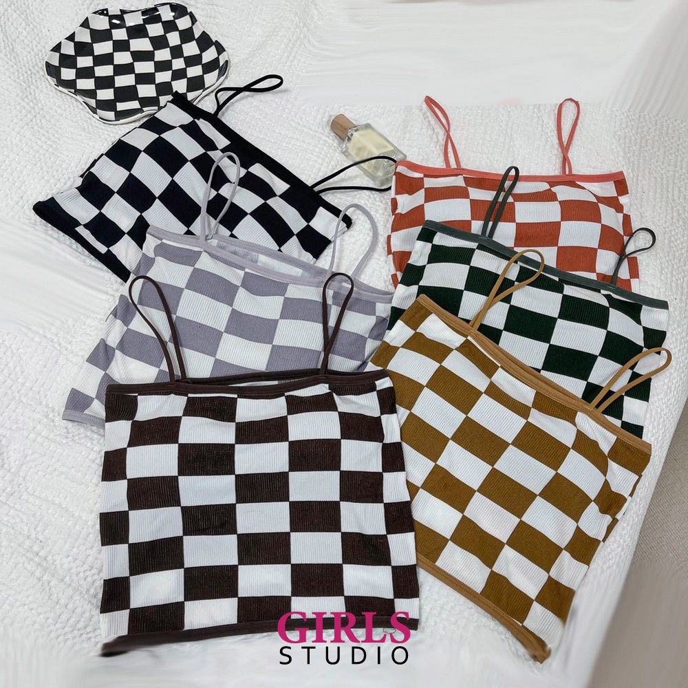 Tanktop Wanita Motif Catur Kotak-Kotak Tanpa Lengan / Crop Top Tengtop Atasan Wanita Bahan Rajut Tan