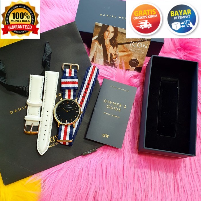 COD JAM TANGAN WANITA ANALOG KANVAS BESAR COVER HITAM FREE STRAP KULIT 4 WARNA KADO TERBARU