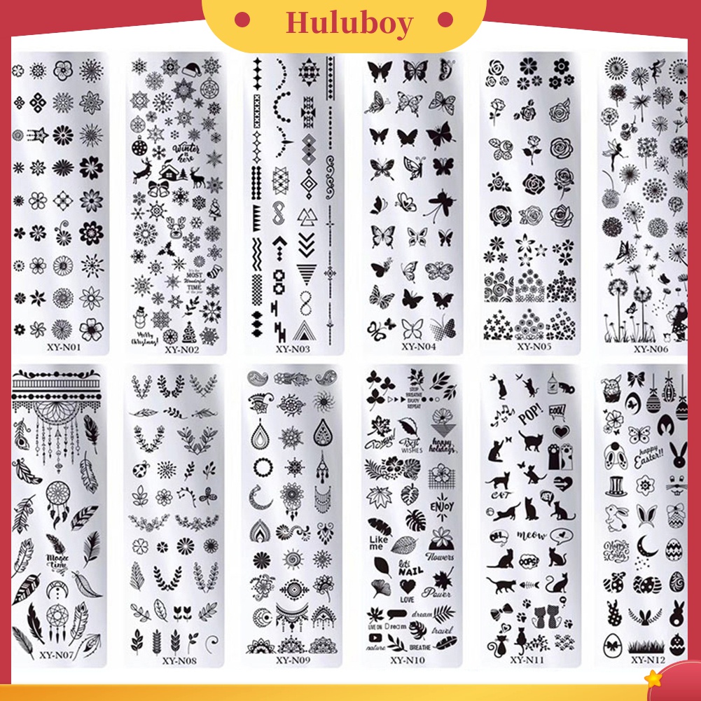 Huluboy Huluboy♡ 3pcs / Set Plat Template + Scraper + Pen Gambar Motif Untuk Nail Art