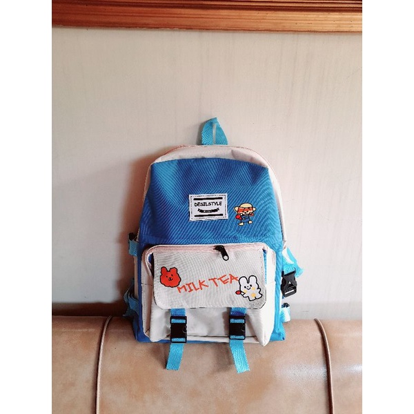 BIG RAMADHAN SALE TAS RANSEL WANITA KOREAN STYLE/HARAJUKU STYLE/TAS SEKOLAH SD SMP SMA #TASGAMBARMILKTEA-Milk Tea Blue