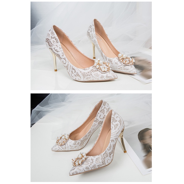 Sepatu Hak Tinggi Wanita Terbaru Korea Murah Pointed Toe Pump Stiletto High Heels Wedding Mutiara Runcing Import 10cm Pernikahan Pengantin Beige Elegan Modis - Ukuran 34 35 36 37 38 39