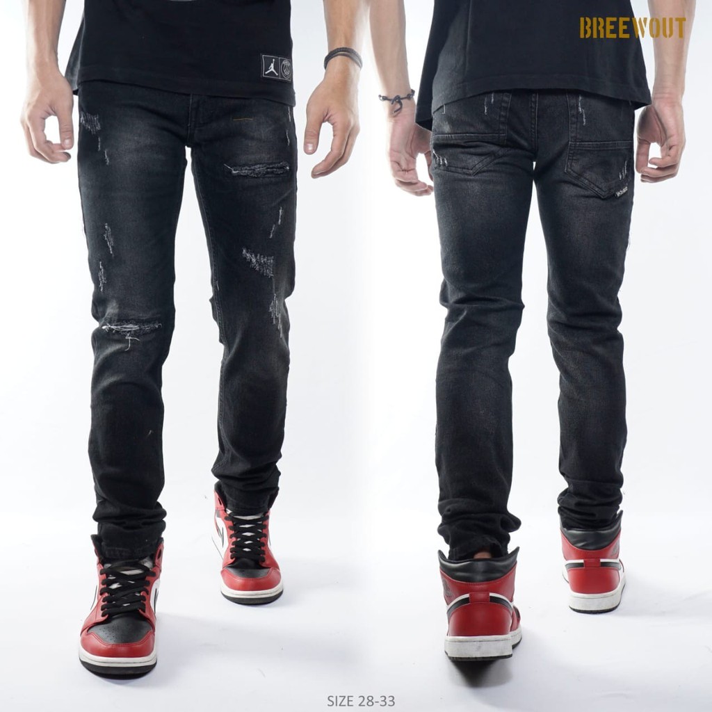 Black skinny Ripped Jeans-Celana sobek Pria - Hitam, 28 pakaian pria ala fashion abg cowok ORI BDG