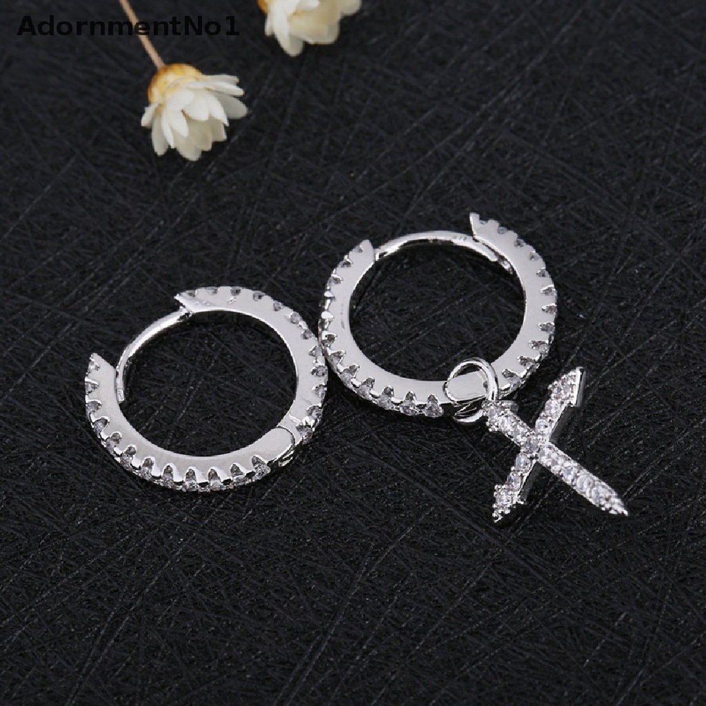 (AdornmentNo1) Anting Bulat Gantung Asimetris Sterling Silver Motif Salib Aksen Zircon Kubik Untuk Wanita