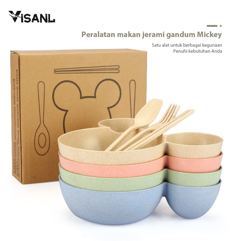 Mangkok Set Peralatan Makan Anak 4 in1Bahan Jerami Gandum Children Tableware Piring Kartun VS-25