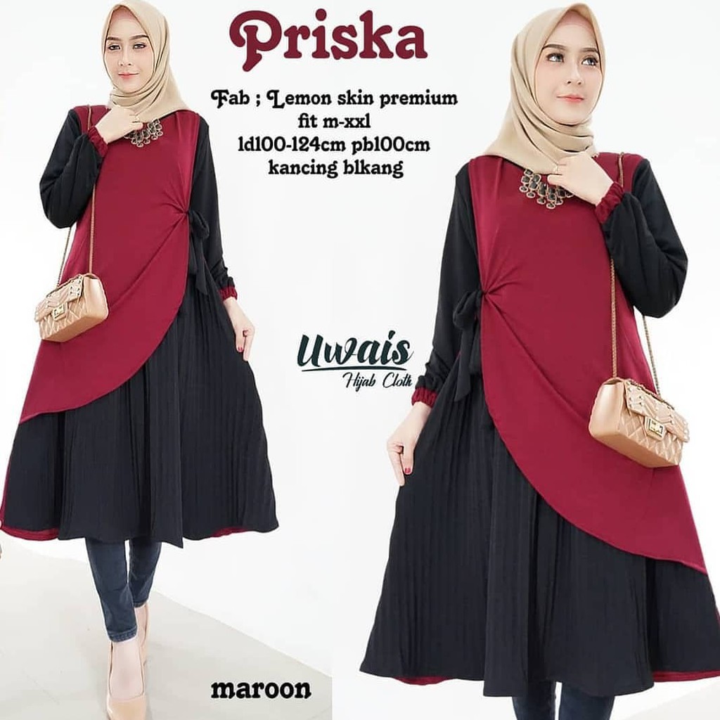 PRISKA TUNIK Moscrepe Baju Tunik Panjang Kancing Hidup Baju Atasan Wanita Busui Modern Terbaru