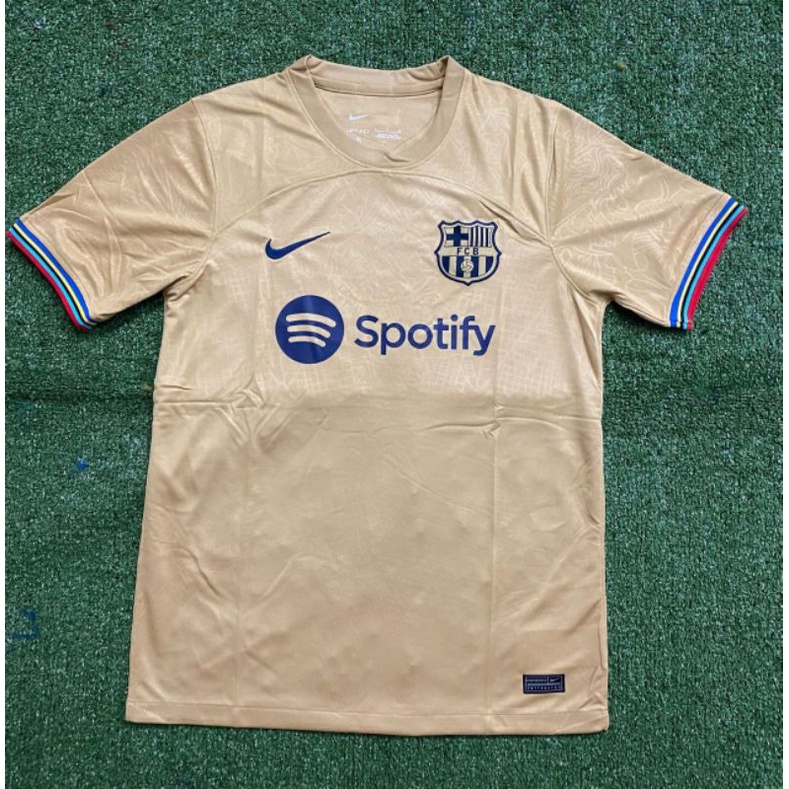 JERSEY BOLA  BARCELONA BARCA AWAY EMAS GOLD FULL SPONSOR SPOTIFY UNHCR ACNUR  2022 / 2023 GRADE ORI 