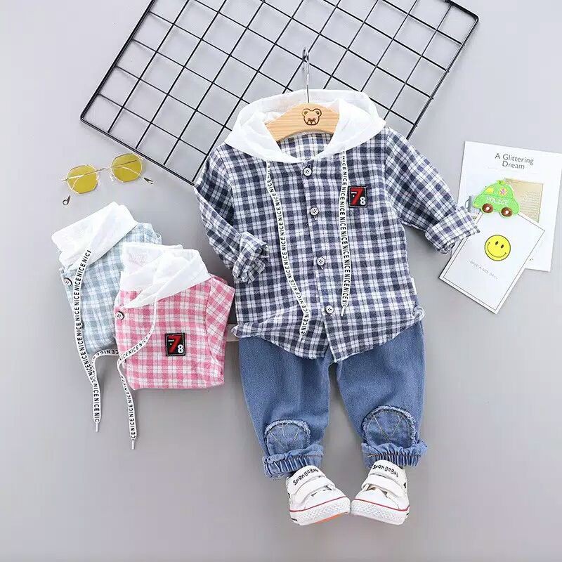 Set Hoodie Kemeja Kotak + Jeans