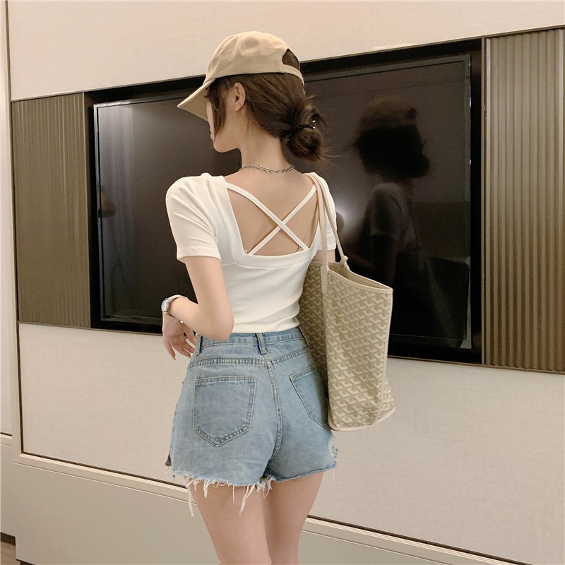 Baru Slim Fit Ramping dan Seksi Cross Hollow Backless Lengan PendekTT-shirt Wanita Gaya Dasar Padat