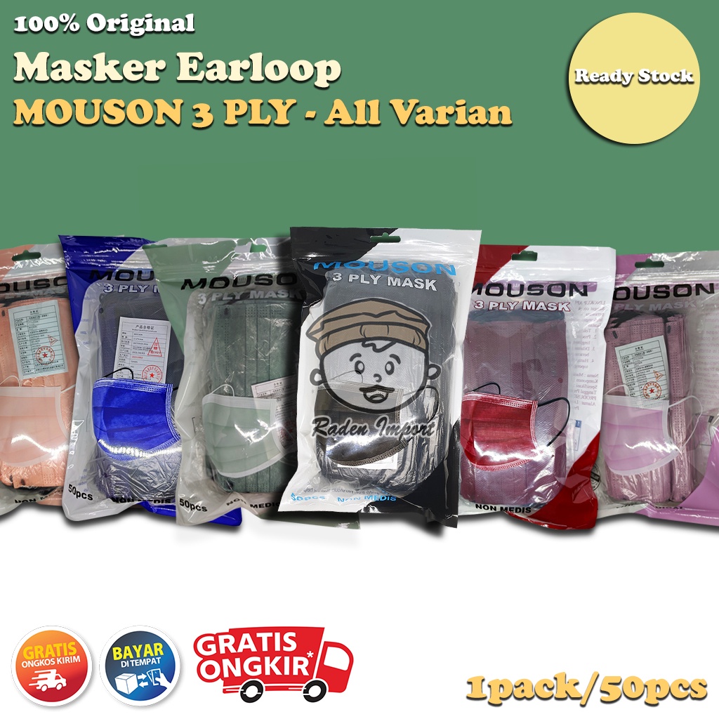 Masker MEDIS 3PLY MOUSON 50PCS Putih Hitam Abu Warna Warni Pastel Surgical Mask 3 PLY MEDIS