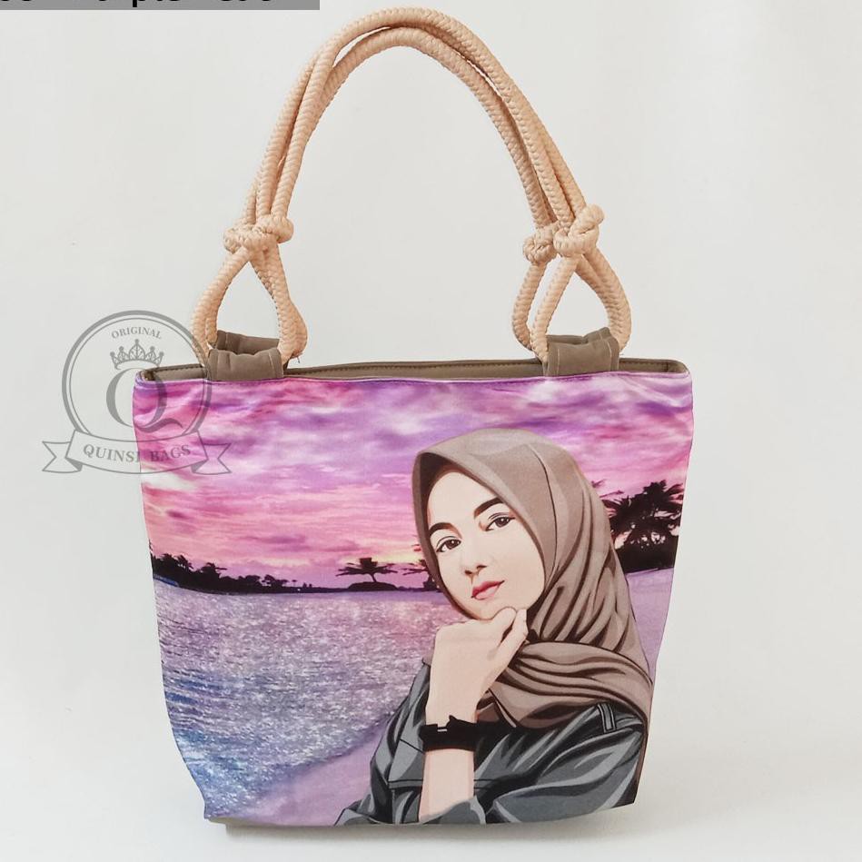 ₵âª [ GROSIR ] Tas Totebag Tali Sumbu Unik Gambar Motif Printing Kartun Muslimah Best Seller