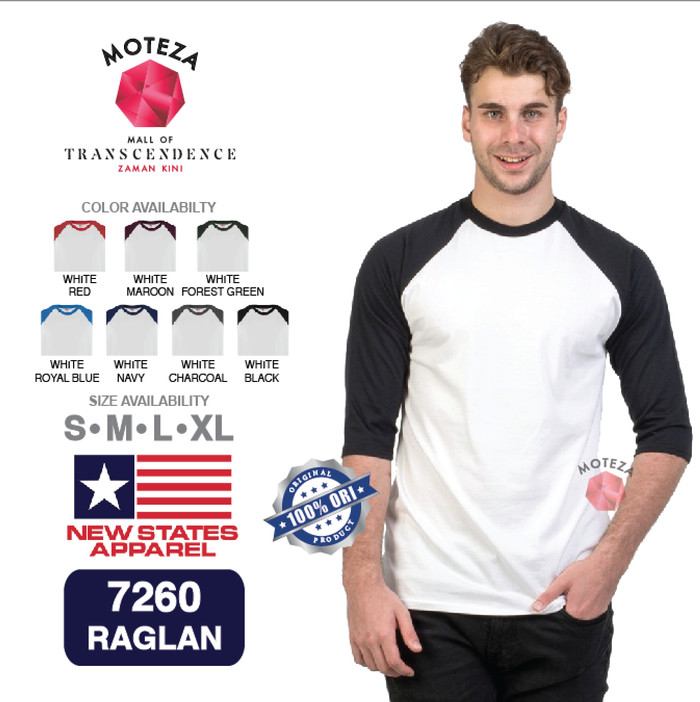 Kaos Combed 24s - NSA Premium Cotton 3/4 Raglan 7260 - WHITE / PUTIH mix - GROSIR