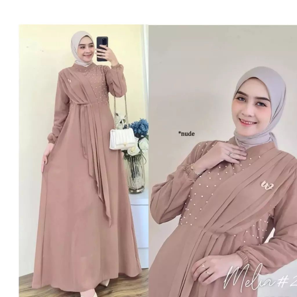 Melia Dress / Gamis Wanita Murah Bahan Ceruty Babydoll Aplikasi Mutiara / Fashion Muslimah Cewek Dewasa / GOM