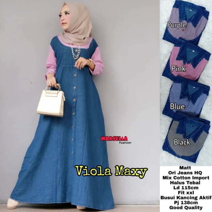 Baju gamis wanita muslim bahan jeans kombinasi terbaru Viola