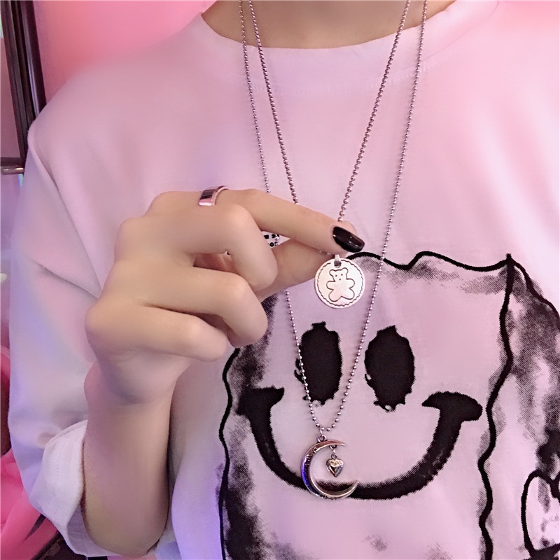 Cartoon Bear Biscuit Round Brand Bead Chain Necklace Round Alloy Pendant