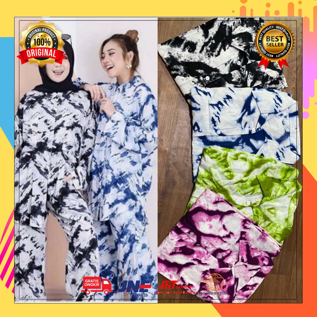 Baju tidur piyama Tidur wanita satu set Tye Dye bahan dingin tidak terawang