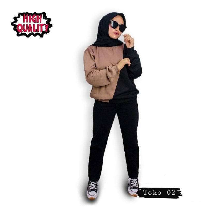 Sweater Crewneck Kombinasi 2 Warna Mocca-Hitam || Sweater Crewneck Oversize Pria/Wanita