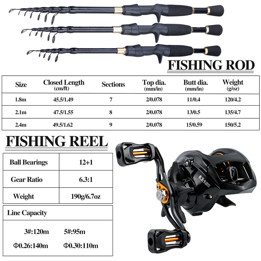 MURAH Fishing Set Portabel Carbon Fiber 1.8M 2.1M 2.4M Telescopic Fishing Rod Dan 7.2:1GR 12 + 1BB Fishing Casting Reel Kanan/Kiri Dapat Diganti Pegangan Untuk Air Tawar Memancing Set