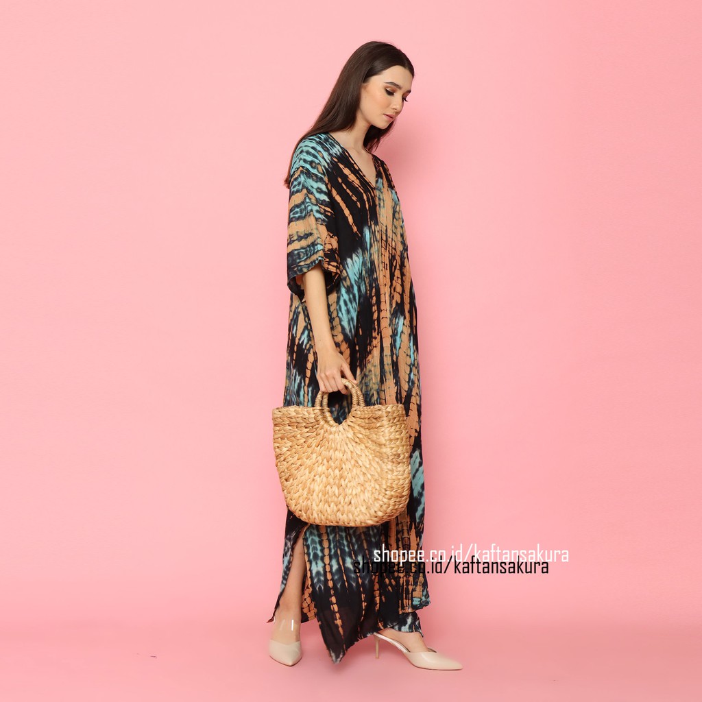 KAFTAN TIE DYE ORIGINAL BALI RAYON HOME DRESS HITAM ORANGE TIE DYE WANITA CASUAL 2021 BY KAFTASAKURA